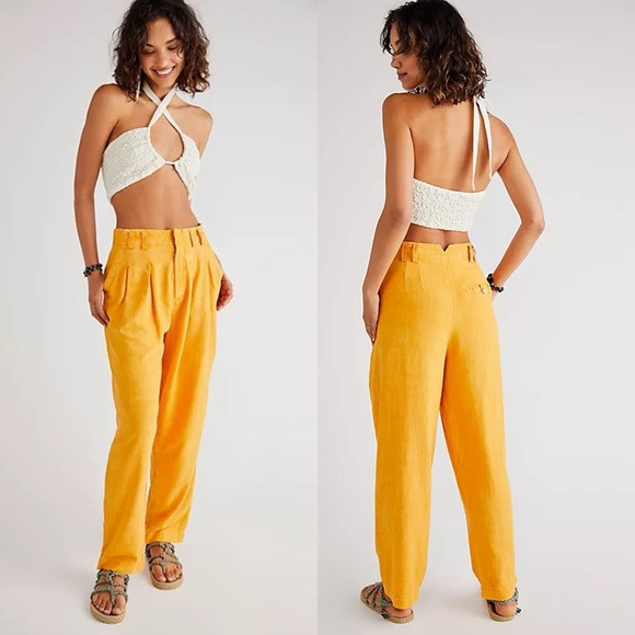 NWOT Free People Calla Linen Blend Pleated Slouchy Trousers Butter Stone size 10 | Poshmark