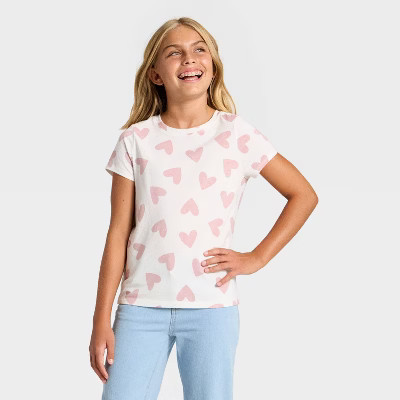 Girls' Short Sleeve Hearts Printed Classic Fit T-Shirt - Cat & Jack™ Off-White L | Target