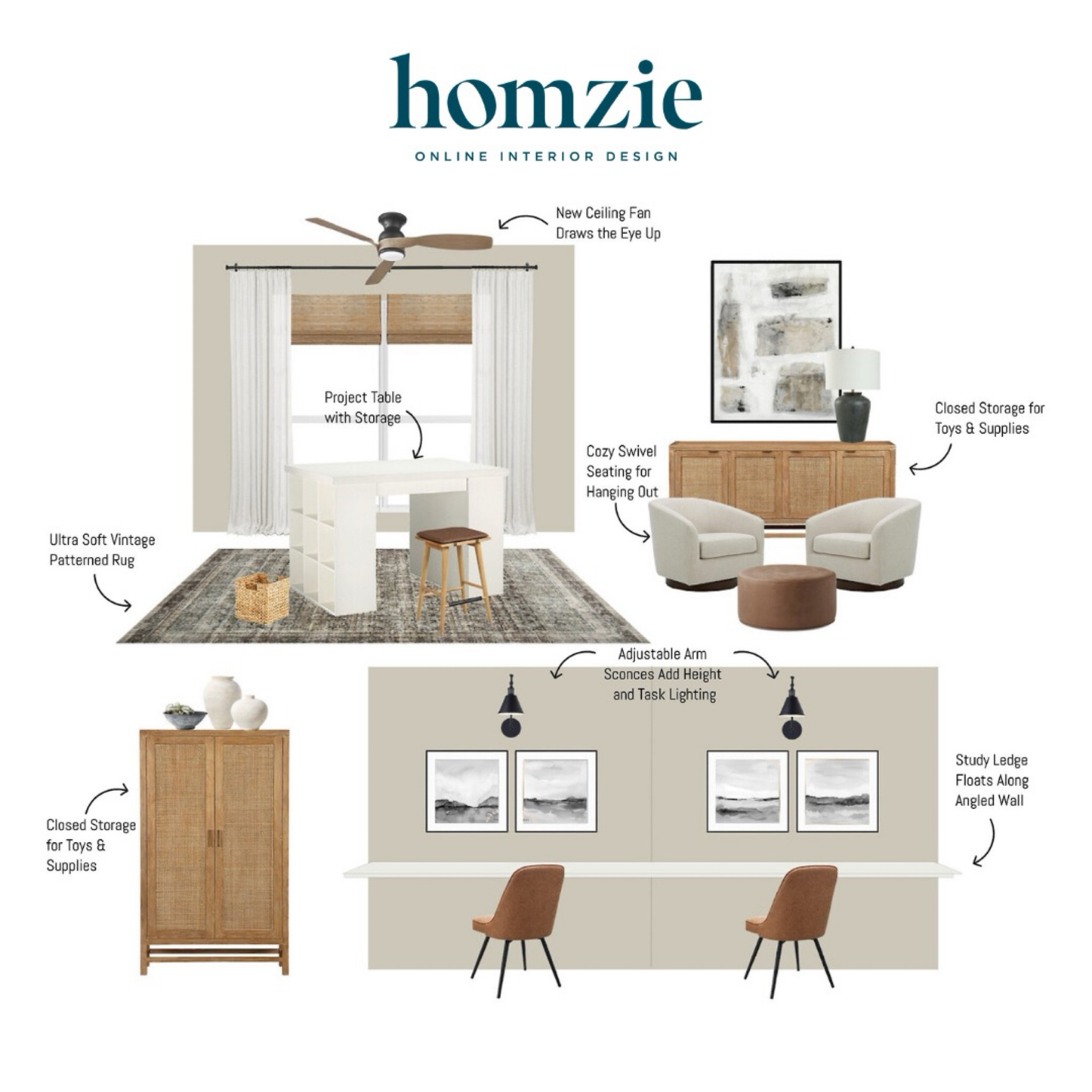 We loved designing this Modern Classic study space our virtual interior design client. This space features teak and rattan media and storage consoles, a vintage patterned area rug, cozy white swivel seating, a statement project table with storage, and an eye catching wood ceiling fan. 

Work 1:1 with a Homzie virtual interior designer for a low flat-rate and receive a custom, shoppable decorating plan! - all online.  Get started homziedesigns.com/work-with-us 

#LTKFindsUnder100 #LTKHome #LTKSaleAlert