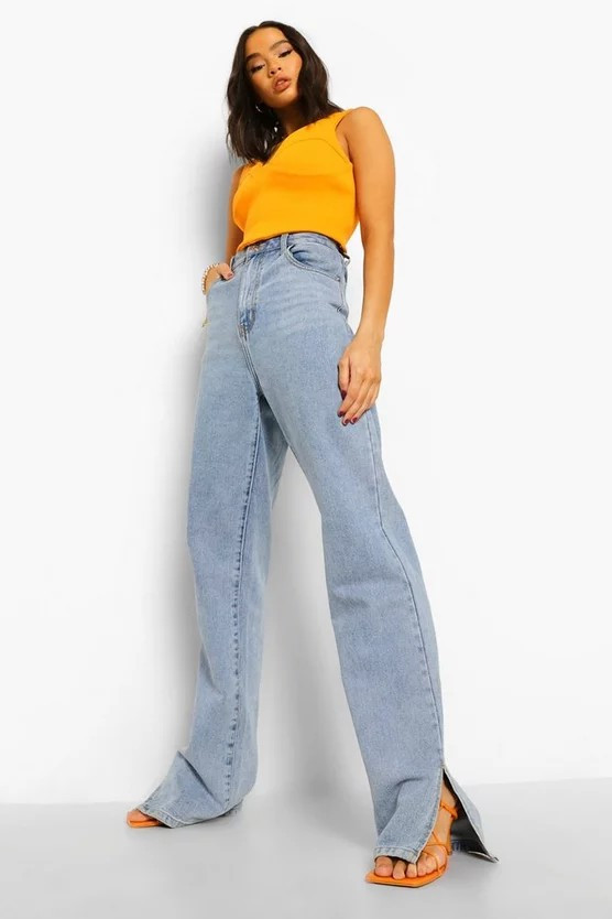 High Rise Split Hem Straight Leg Jeans | Boohoo.com (US & CA)