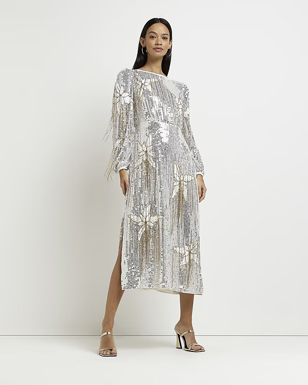 Silver floral sequin long sleeve midi dress | River Island (US)