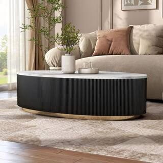 Keith 50 in. Black and White Oval Marble Top Coffee Table with Gold Accent Reeded Plinth Base | The Home Depot