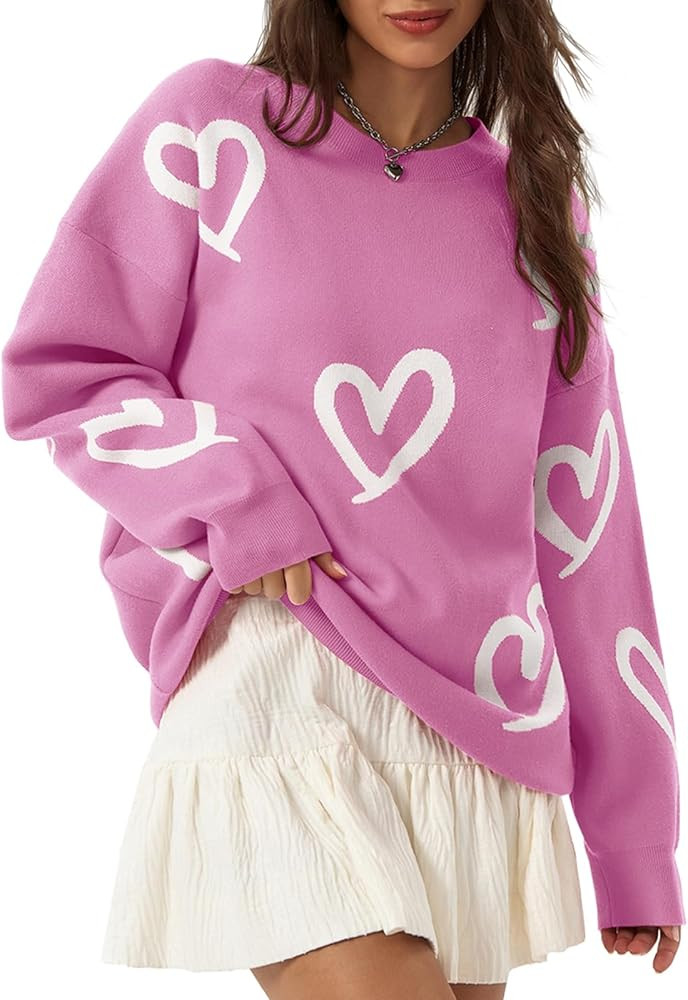 Saodimallsu Womens Oversized Heart Sweater Crew Neck Long Sleeve Knit Cute Valentines Pullover Sw... | Amazon (US)