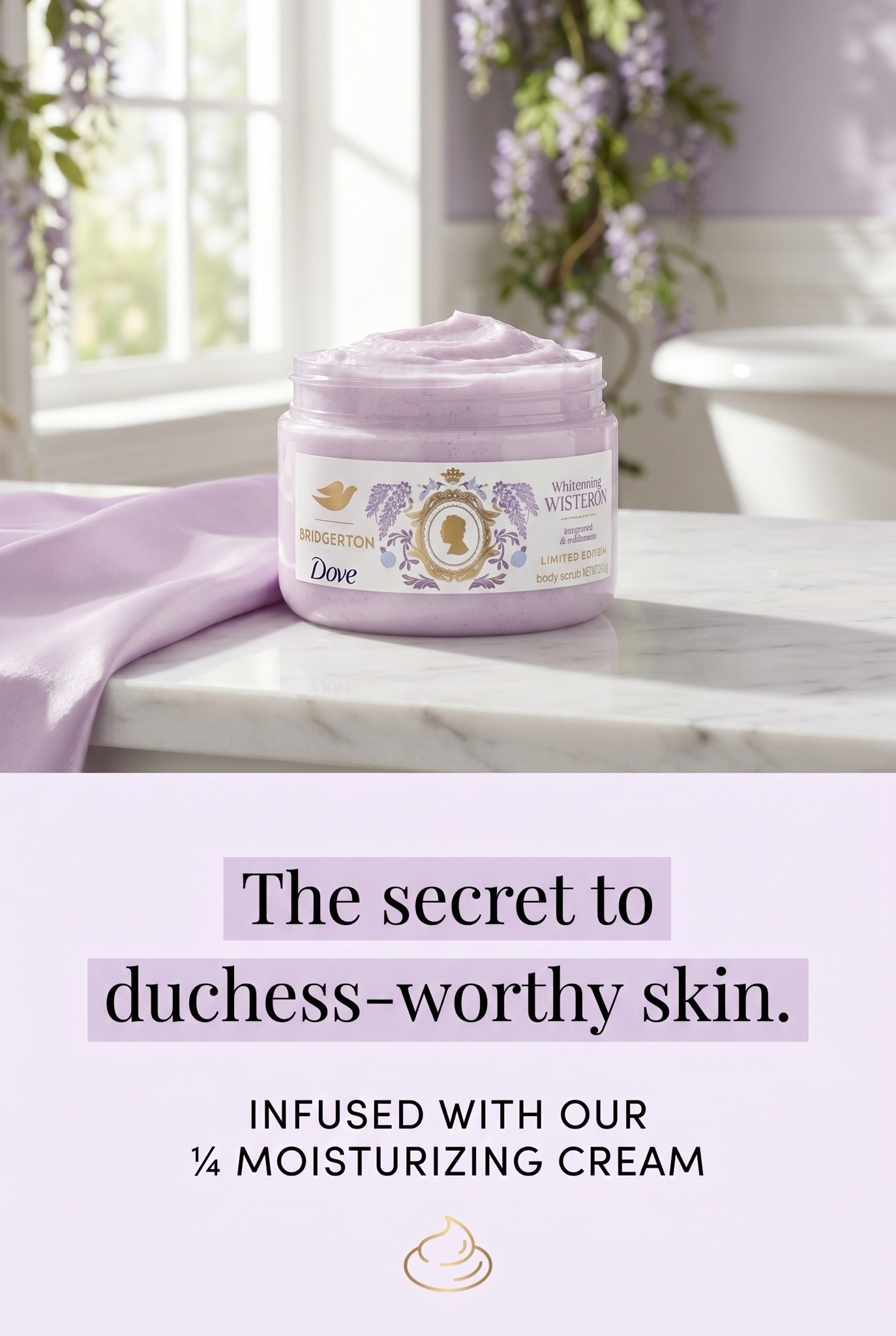 An elegant social media banner for a Dove and Bridgerton body scrub. The top shows the pastel scrub jar in a sunlit marble bathroom with wisteria vines. The bottom features a light background with the text 'The secret to duchess-worthy skin' and a mention of moisturizing cream. The design is calm and romantic,

#LTKmomlife #LTKselfcare #LTKBeauty