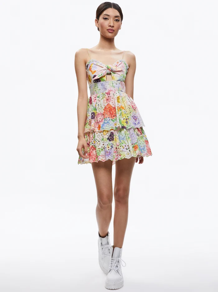 FINA TIE FRONT SMOCKED WAIST RUFFLE MINI DRESS | Alice + Olivia