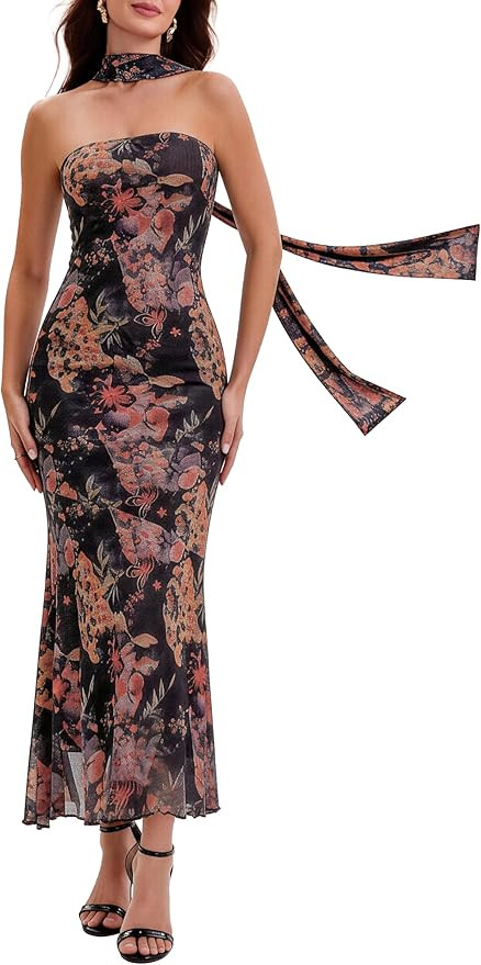 Women's Summer Floral Strapless Tube Dress 2026 with Scarf Mesh Floral Elegant Bodycon Long Maxi ... | Amazon (US)