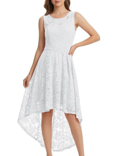 MUADRESS Sleeveless White Wedding Guest Dress Tank Strap Floral Lace Hi-Lo Cocktail Dresses for Evening Party, White, S | Amazon (US)