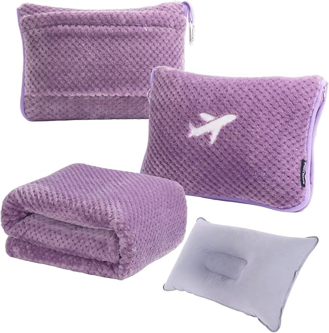 3 in 1 Travel Blanket Pillow Set - 350 GSM Thick Travel Blanket Airplane Compact with Bag, Soft B... | Amazon (US)