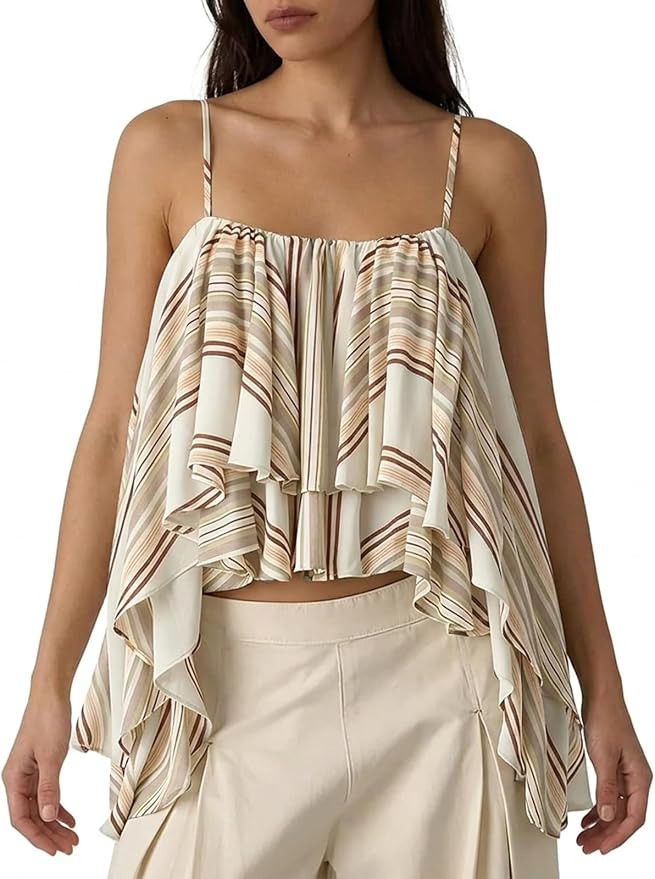 Women Boho Striped Ruffled Cami Top Layered Spaghetti Strap Babydoll Tank Sleeveless Printed Cami... | Amazon (US)