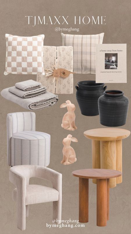 T.J.Maxx home spring finds! Loving their pillows and quilts, coffee table books, pretty detailed towel set, vases, wooden bunnies for Easter, amazing accent chairs or dining chairs and wooden accent tables 

#LTKhome