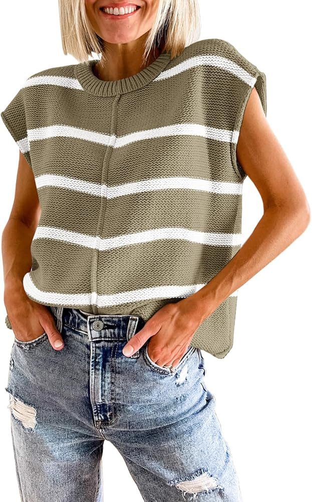 Saodimallsu Womens Cap Sleeve Tank Tops Striped Crew Neck Casual Loose Fit Spring Summer Pullover... | Amazon (US)