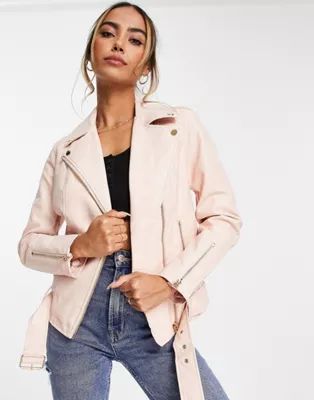 Miss Selfridge faux leather oversized biker jacket in pink | ASOS (Global)