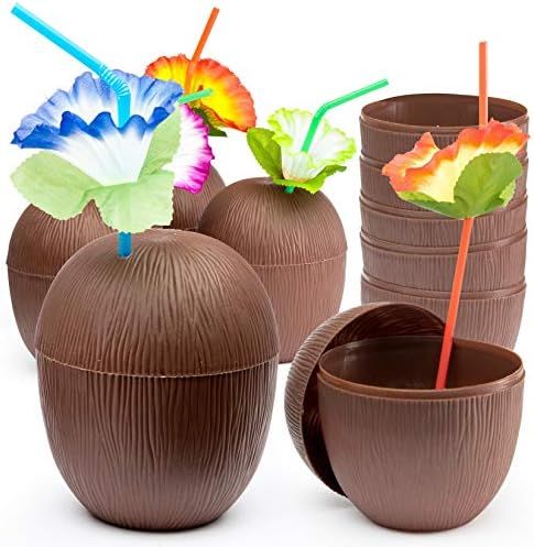 18 Pack Coconut Cups with Flower Straws for Hawaiian Luau Tiki or Beach Themed Party with Twist Clos | Amazon (US)