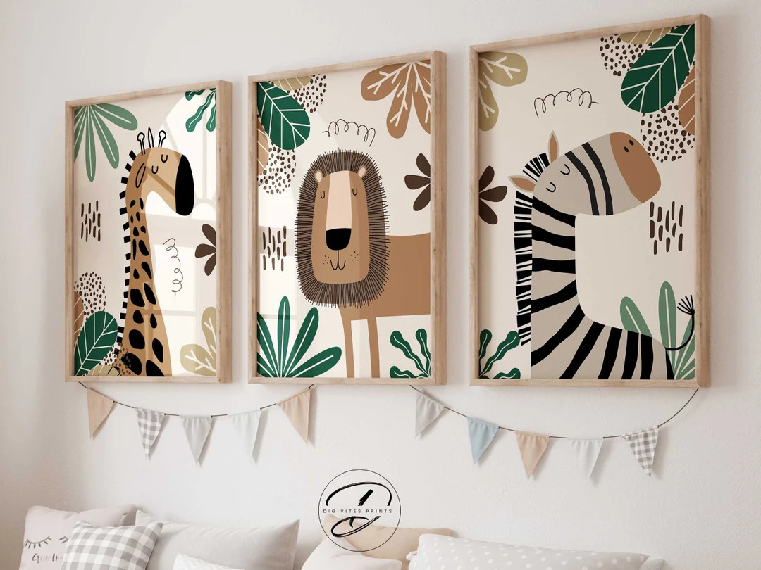 Safari Nursery Wall Prints, Nursery Decor, Jungle Nursery, Set of 3 Prints Green print, Digital s... | Etsy (US)