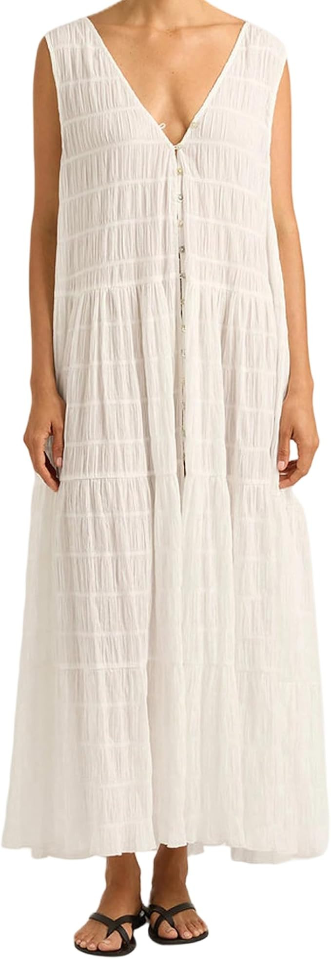 Women's Sleeveless Tank Long Dress Summer Solid Color Deep V Neck Button Pleated Dress Loose Beac... | Amazon (US)
