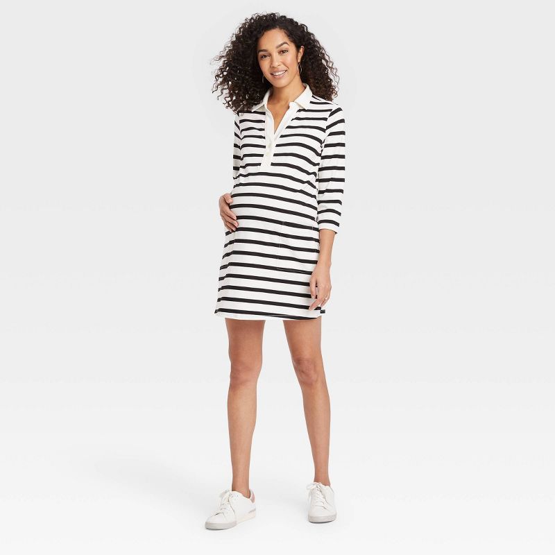 The Nines by HATCH™ 3/4 Sleeve Polo Maternity Dress Ivory Striped | Target