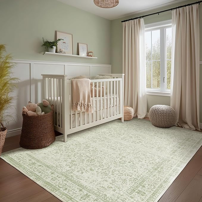 Sage Green Area Rug for Bedroom Neutral Boho Farmhouse Floral Distressed Design 5x8 Rug with Wash... | Amazon (US)