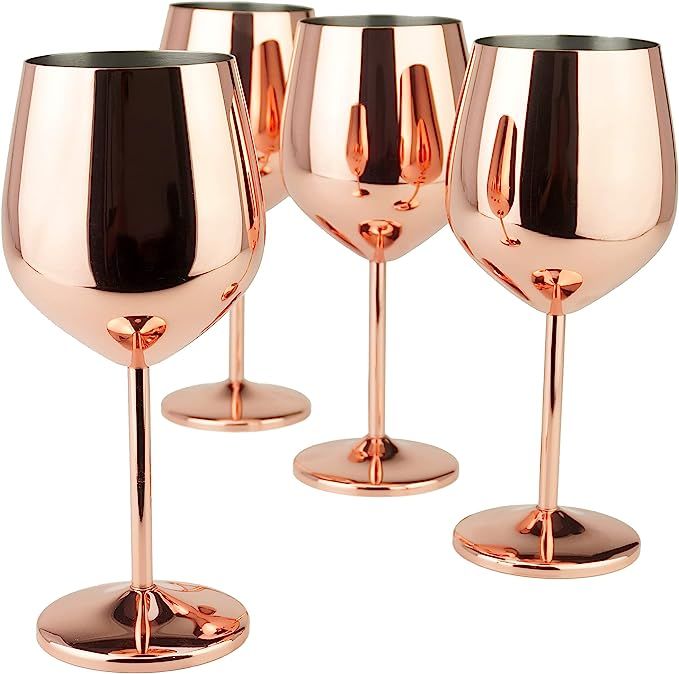 PG Copper / Rose Gold Stem Stainless Steel Wine Glass Set 4 - 18.5 oz | Amazon (US)