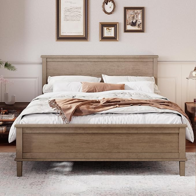 Queen Size Platform Bed, Mid-Century Wooden Bed Frame with Headboard and Tapered Legs for Bedroom... | Amazon (US)