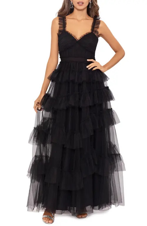 Betsy & Adam Tiered Ruffle Tulle Gown in Black at Nordstrom, Size 4 | Nordstrom