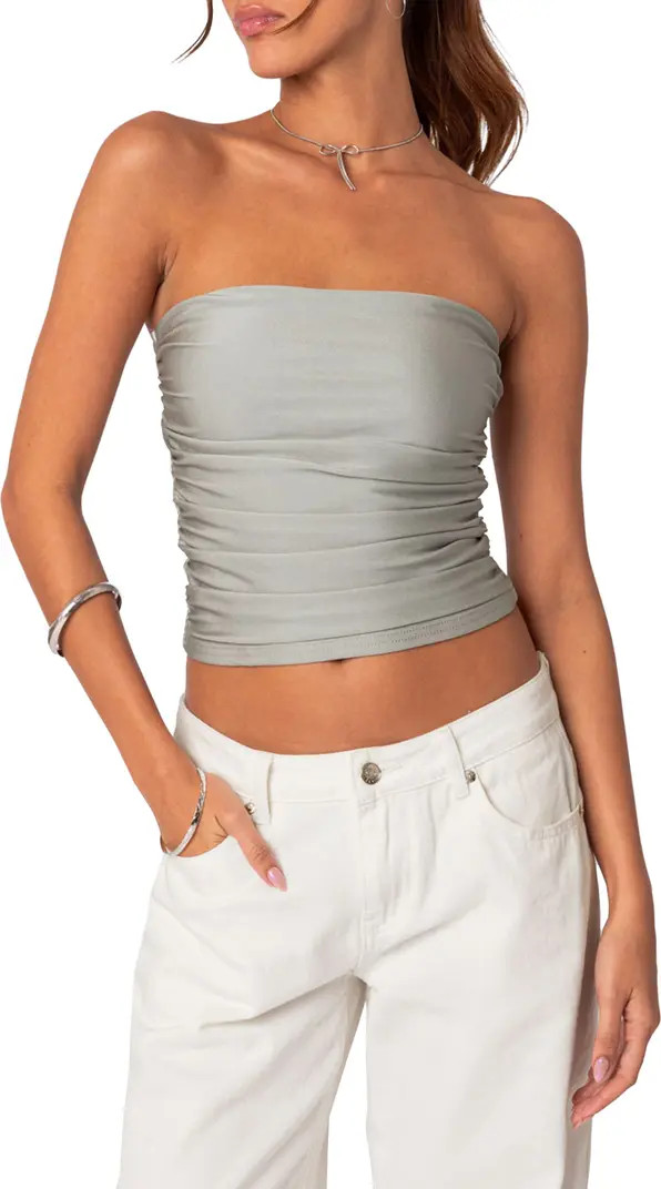 EDIKTED Maxeen Shiny Ruched Crop Tube Top | Nordstrom | Nordstrom