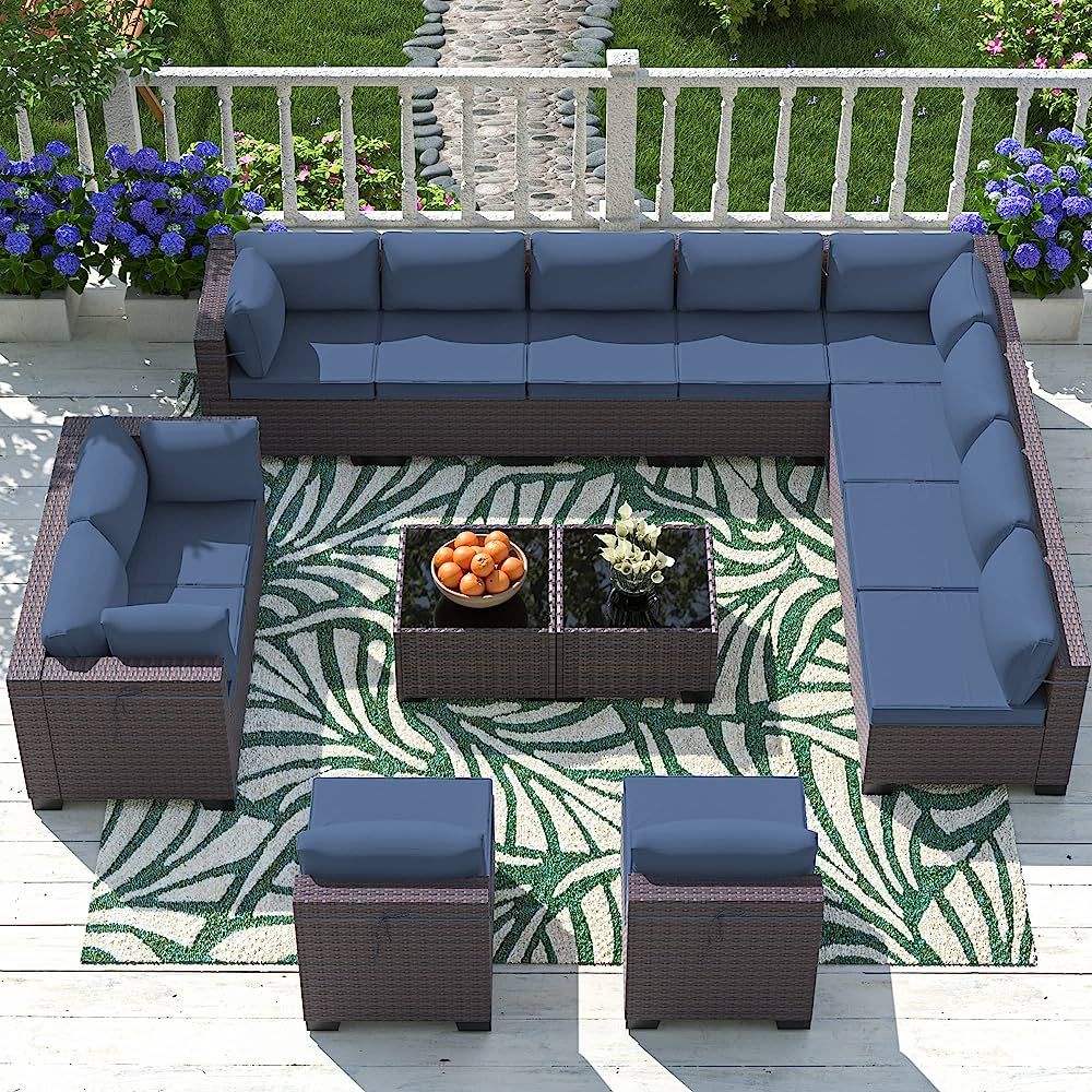 ASJMR Outdoor Patio Furniture Set, 14 Pieces Outdoor Sectional Furniture Patio Sofa, All-Weather ... | Amazon (US)