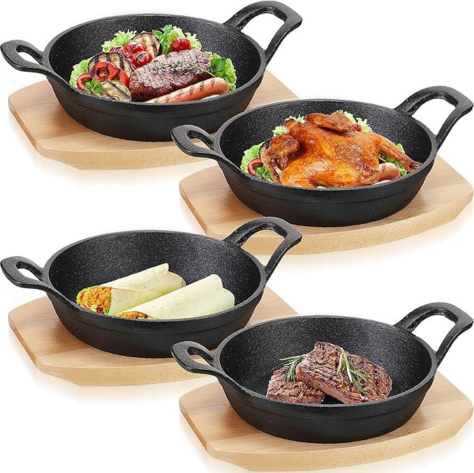 Sliner 4 Sets Mini Cast Iron Skillet Small Cast Iron Plates Skillet with Wooden Base Small Round ... | Amazon (US)