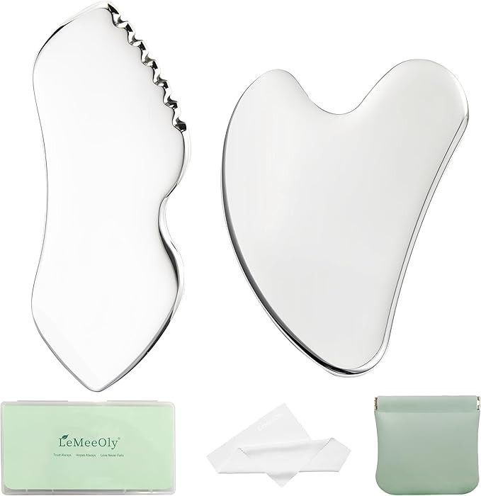 LeMeeOly 2Pcs Gua Sha Facial Tools Stainless Steel, Detailer GuaSha Set for Face Neck, Natural Sk... | Amazon (US)