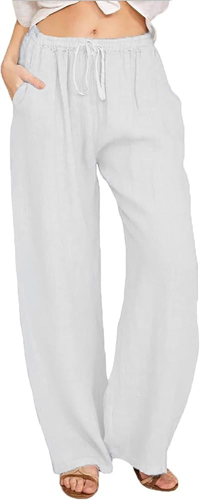 Linen Pants for Women Straight Leg High Waist Wide Leg Trousers with Pockets Drawstring Elastic P... | Amazon (US)