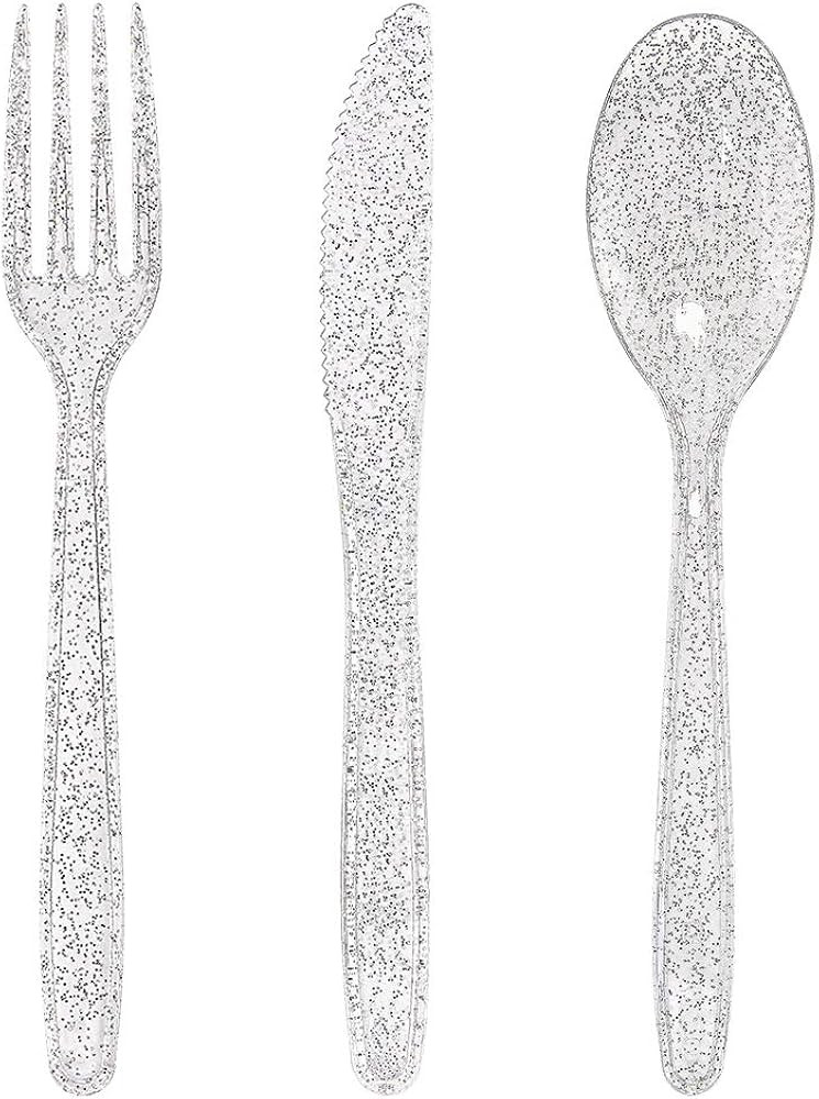 WDF 360 Silver Christmas Plastic Silverware- Disposable Silver Glitter Plastic Cutlery - Christma... | Amazon (US)