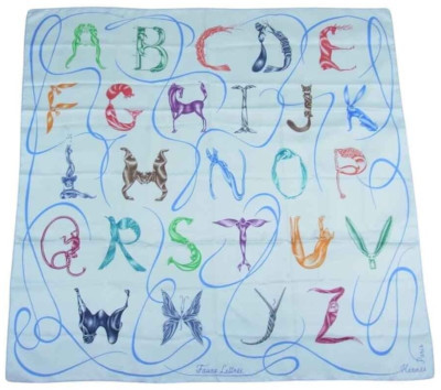 HERMES Carre 90 Scarf Faune Lettree Silk100% w/Tag Light blue by Florence Manlik  | eBay | eBay US
