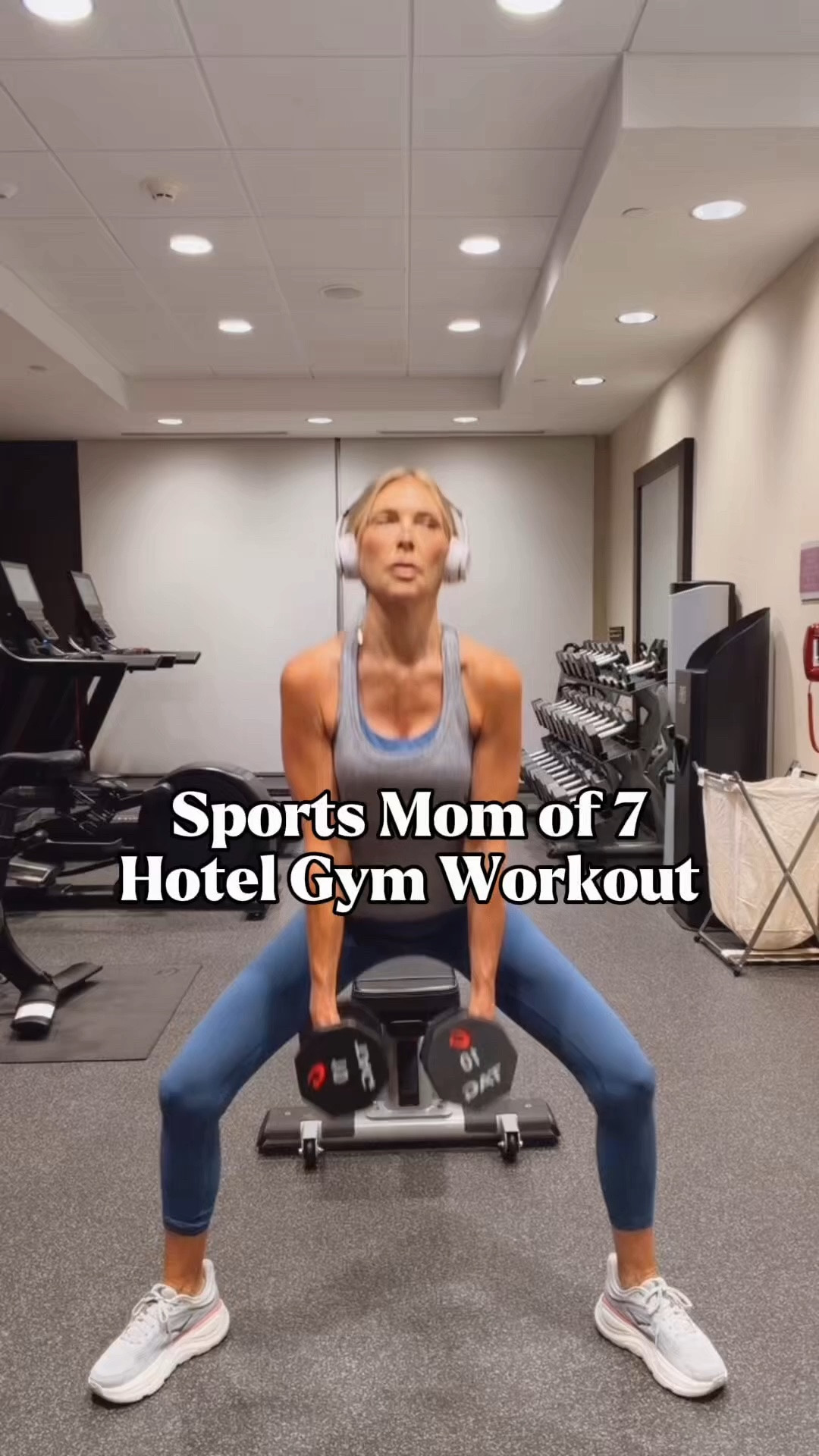 Sports Mom Hotel Workout

Warm-up

* 10 minutes on the treadmill
* 5 minutes of dynamic stretching

Movement flow — 5 rounds

* One-legged push-up to runner’s stretch. Alternate sides. 5 reps per side each round. 

Strength circuit — 2 rounds

* 12 deadlifts
* 12 sumo squats
* 12 split squats with a core rotation per side
* 12 single-leg RDLs per side
* 10 lateral raises with a glute kick per side

Glutes and core

* 20 glute bridge pushes
* 1 minute of glute marches
* 25 stability-ball lower crunches
* 10–15 stability-ball oblique crunches per side
* Hand-to-toe crunches: 
5 per side, then 4, 3, 2, and 1 per side

Cool-down

* 2–3 minutes of stretching