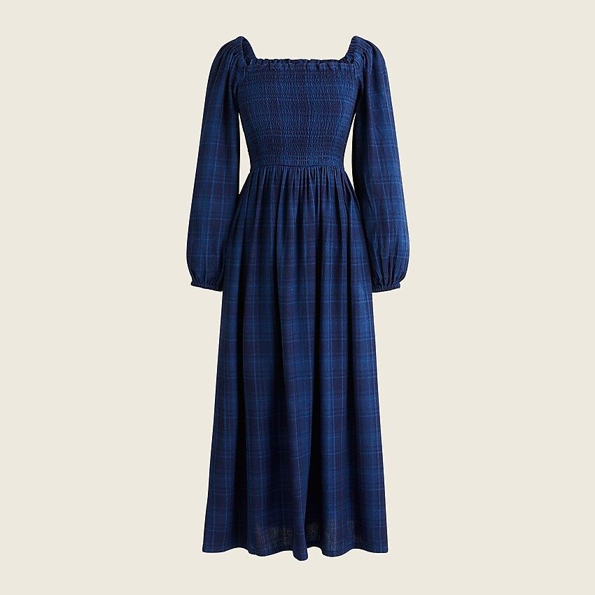 Smocked puff-sleeve dress in indigo plaid | J.Crew US