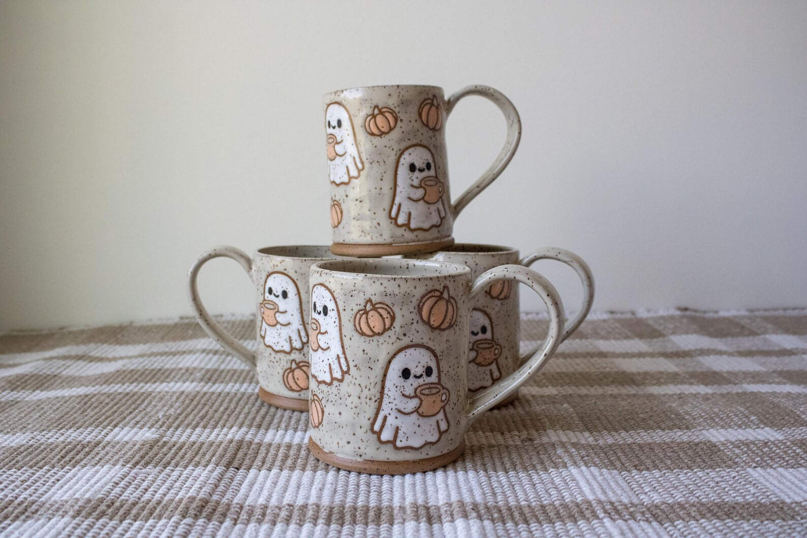 Halloween Pottery Mug, Handmade Mug With Ghosts Holding Coffee Cups and Pumpkins - Etsy | Etsy (US)