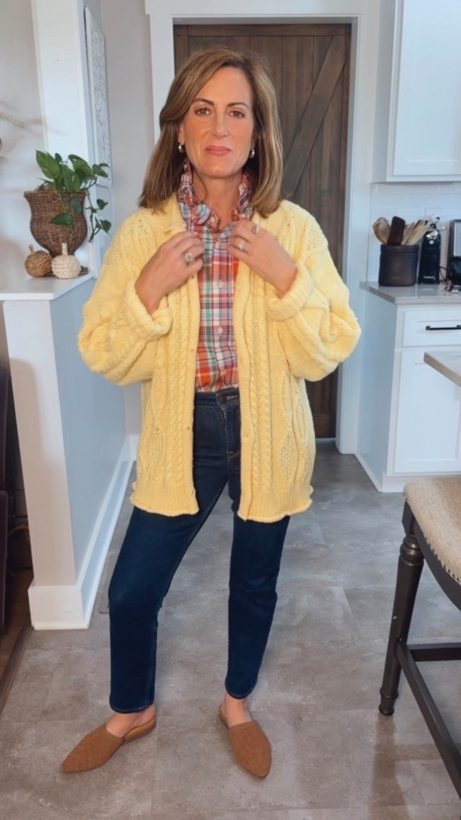 Cozy cable knit oversized cardigan.
Also available in beige and black.
My plaid top was handmade by 

I’m wearing my true size small in both the sweater and top.
Old Navy jeans in petite 4.