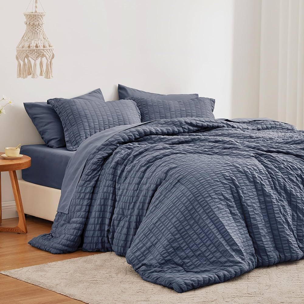 Love's cabin Seersucker Navy Blue King Size Comforter Set 7 Pieces, All Season Bedding Set, King ... | Amazon (US)