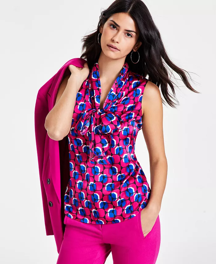 Bar III Women's Geometric-Print Tie-Neck Sleeveless Top, Created for Macy's - Macy's | Macy's