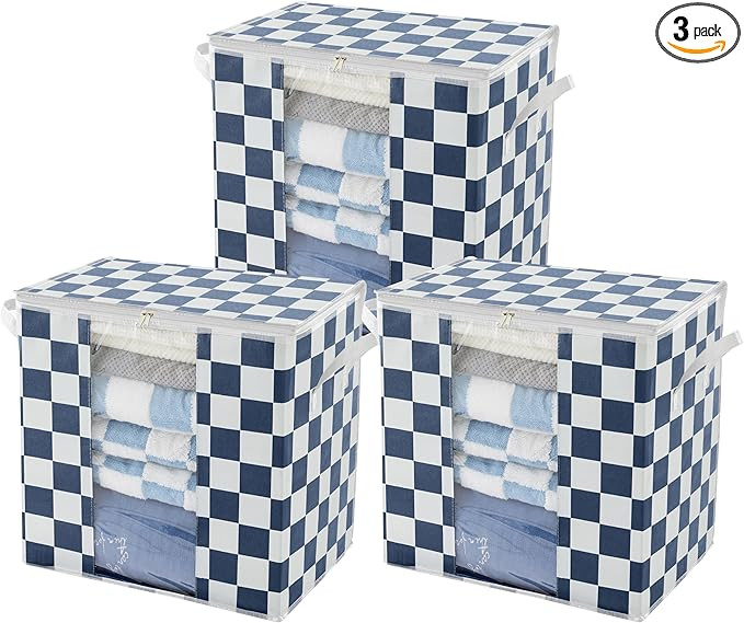 Ohocut Navy Blue Checkered Clothes Storage Bins, 100L Large Blanket Storage Bags 3 Pack, Closet O... | Amazon (US)