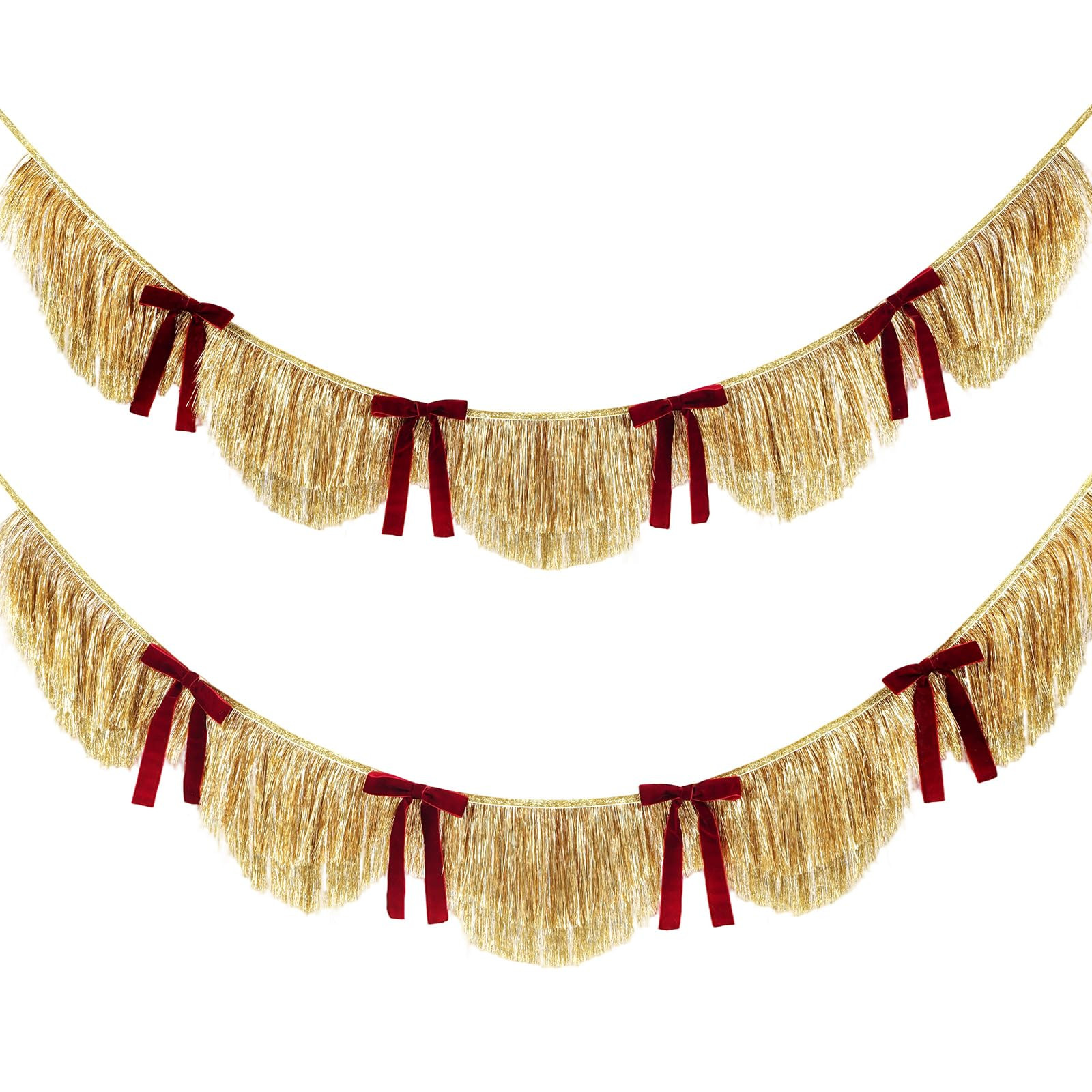 2 Gold Fringe Banner with Wine Red Bow Fringe Garland Scalloped Layered Tassel Gold Party Decorat... | Amazon (US)