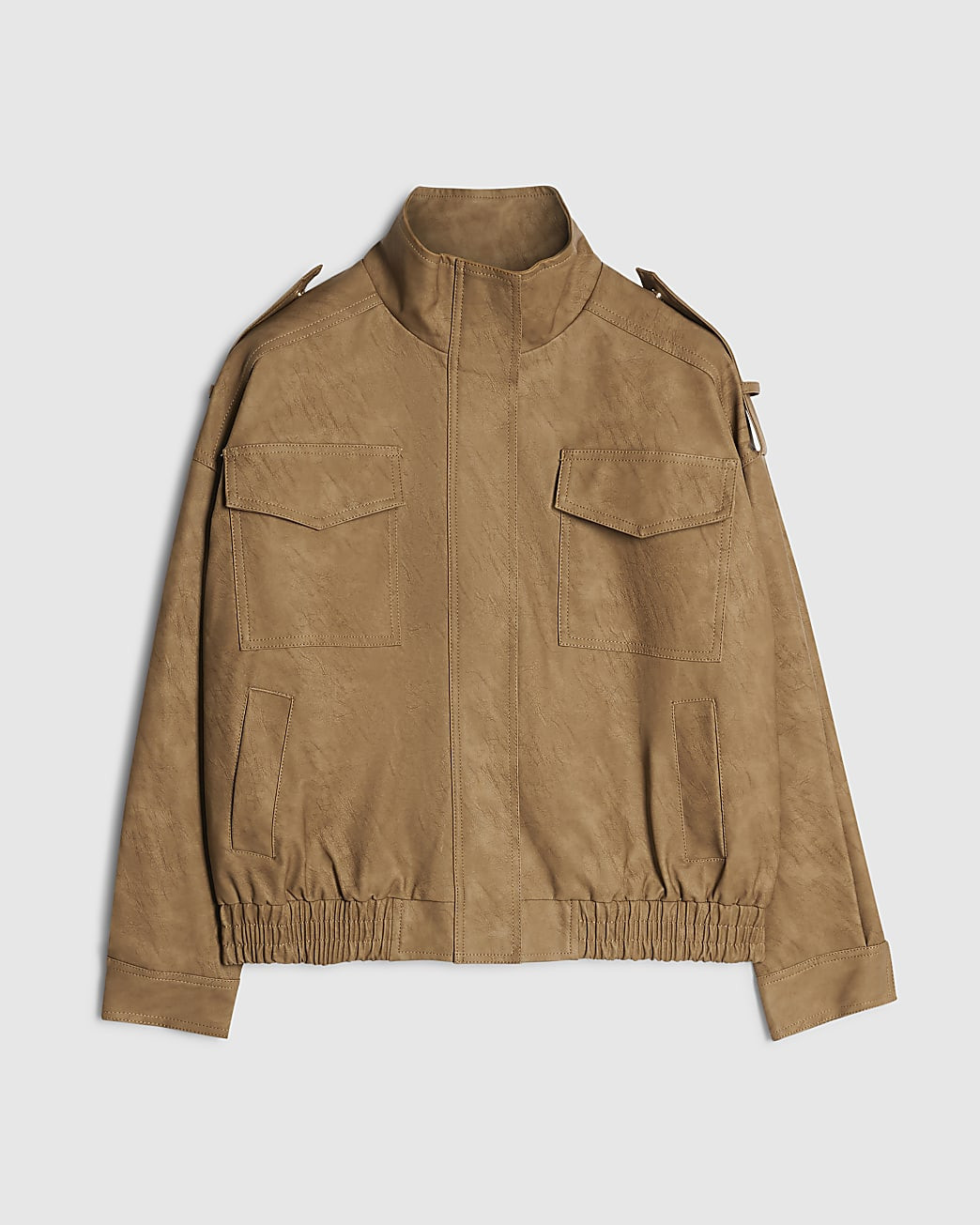 Petite Brown Faux Leather Funnel Neck Jacket | River Island UK & IE