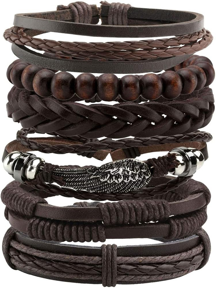 Manfnee 6-12PCS Braided Faux Leather Bracelet Punk Cuff Wrap Bracelets for Men Women Adjustable | Amazon (US)
