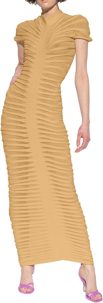 Women’s Maxi Dress See Through Knit Ruched Crochet Mock Neck Cap Sleeve Slim Fit Party Cocktail... | Amazon (US)
