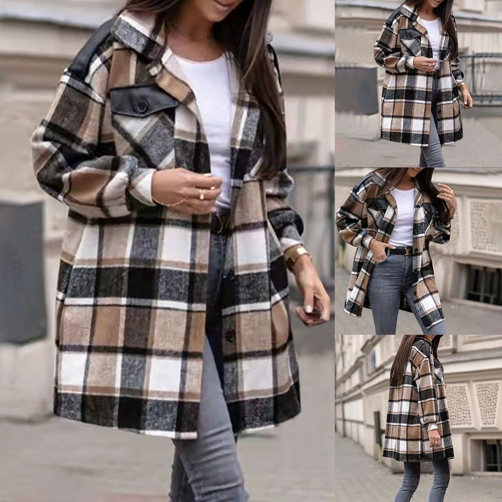 Tuscom plus size winter coats for women Ladies Personal Contrast Plaid Long Sleeve Pocket Button ... | Walmart (US)