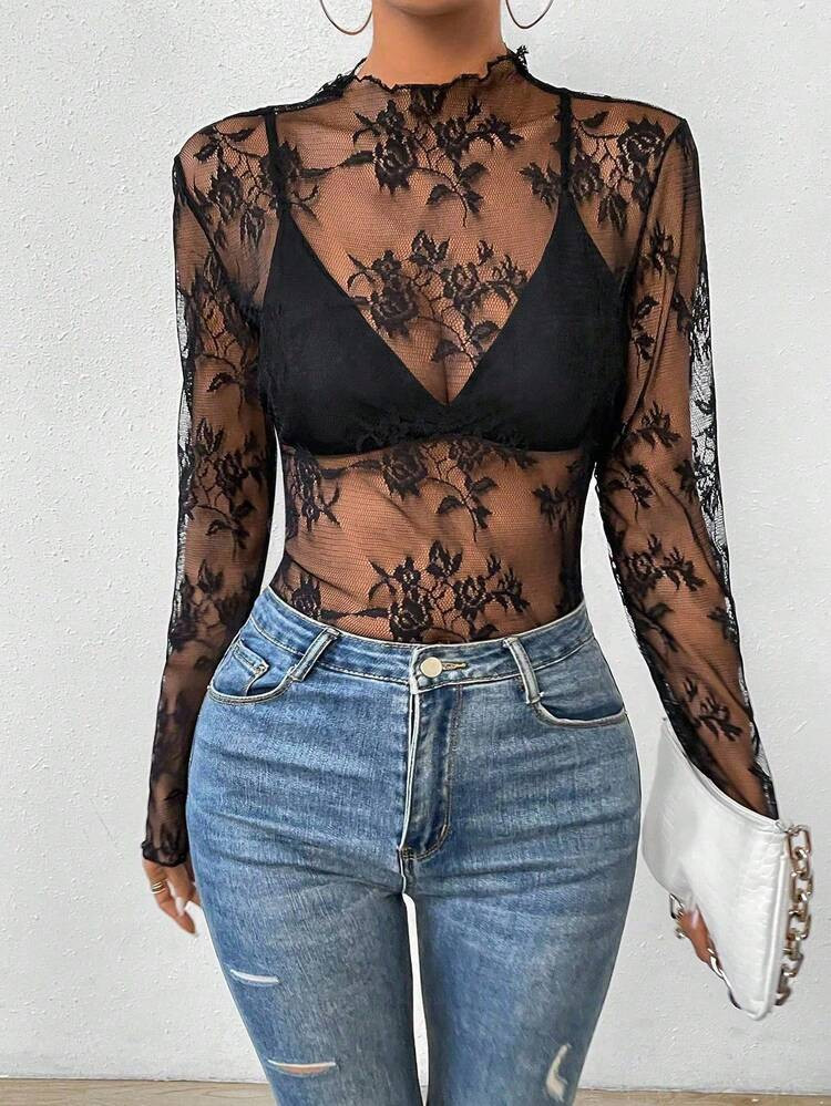 Glyssa Mock Neck Lettuce Trim Sheer Lace Top Without Bra Fall Cloth For Women | SHEIN