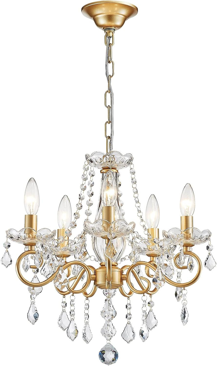 ANJIADENGSHI Mini Crystal Chandelier K9 Crystal Gold Chandelier for Living Room Bedroom Dining Room Kitchen Island Entryway 5 E12 Bulbs High 16.5 in x Diameter 16.9 in, Golden | Amazon (US)