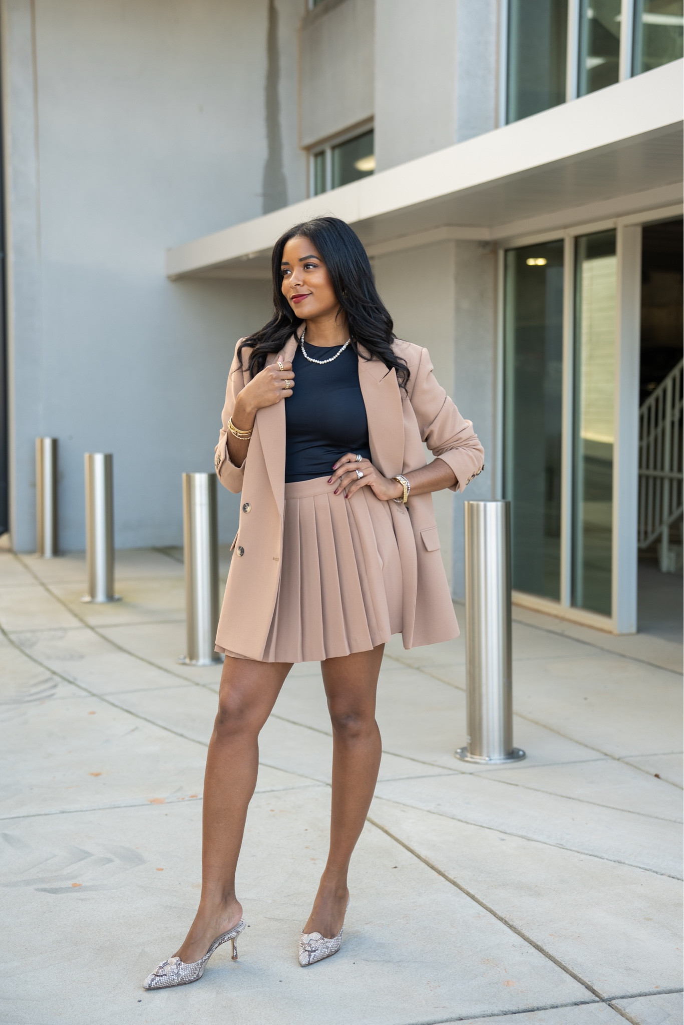 Dillards, Gianni Bini, Coach, long sleeve blazer, pleated a-line mini skirt, short sleeve crew neck bodysuit, blazer and skirt combo, neutral color outfit, fall outfit inspo, work attire inspo

#LTKWorkwear #LTKStyleTip #LTKSeasonal