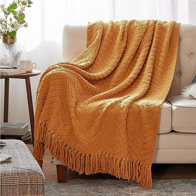 Bedsure Throw Blanket for Couch - Orange Knit Woven Chenille Blanket Versatile for Chair, 50 x 60... | Amazon (US)