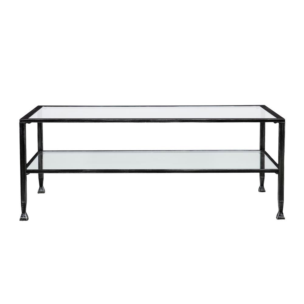 Southern Enterprises Galena 49 in. Black/Silver Large Rectangle Glass Coffee Table with Shelf, Hand- | The Home Depot