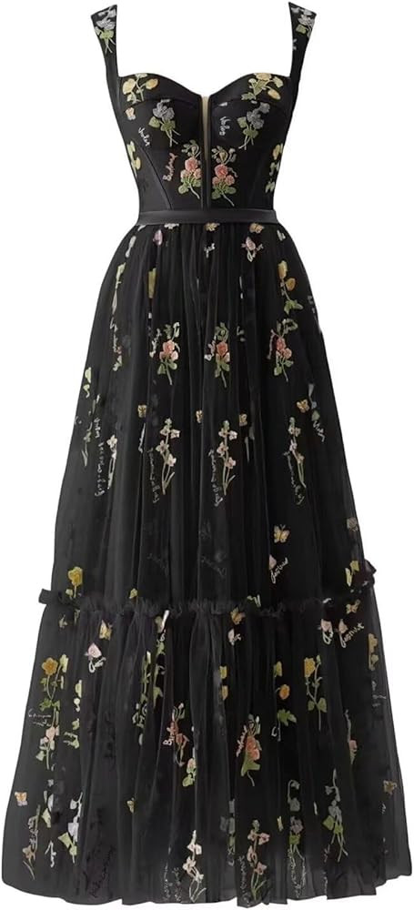 Maxianever Flower Embroidery Prom Dresses Tea Length for Women Tulle Corset Formal Party Gowns | Amazon (US)