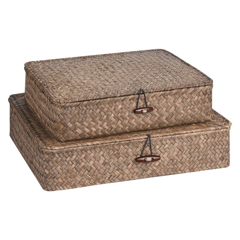 Set Of 2 Flat Seagrass Storage Bins With Lid Wicker Storage Baskets For Organizing, Woven Shelf O... | Wayfair North America